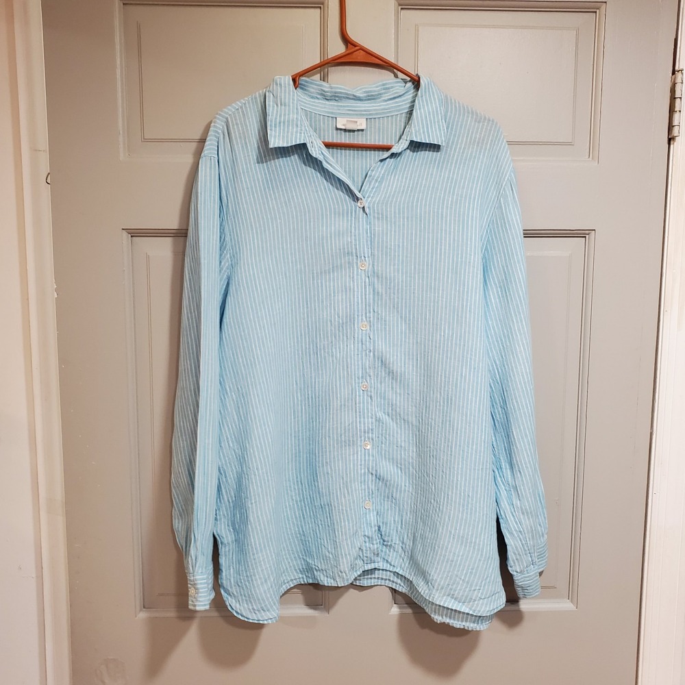 J. Jill Love Linen Button Shirt Sz XL Light Blue Stripe Beachy Coastal Travel